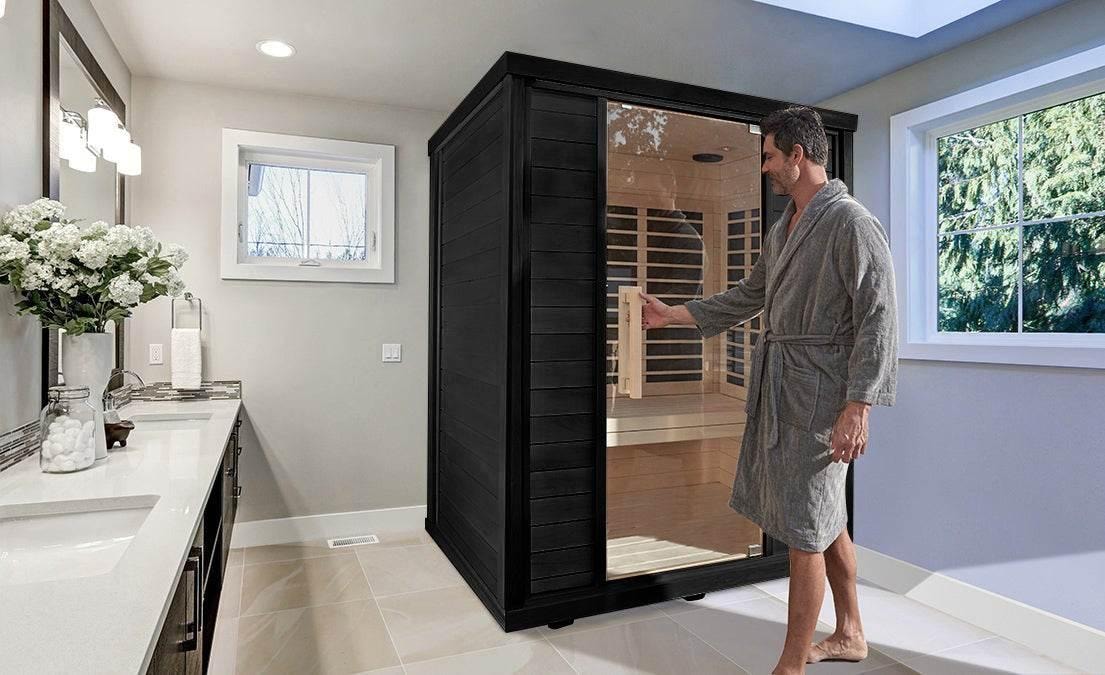 Sun Home Saunas Equinox infrared sauna — warm wood interior with ambient lighting